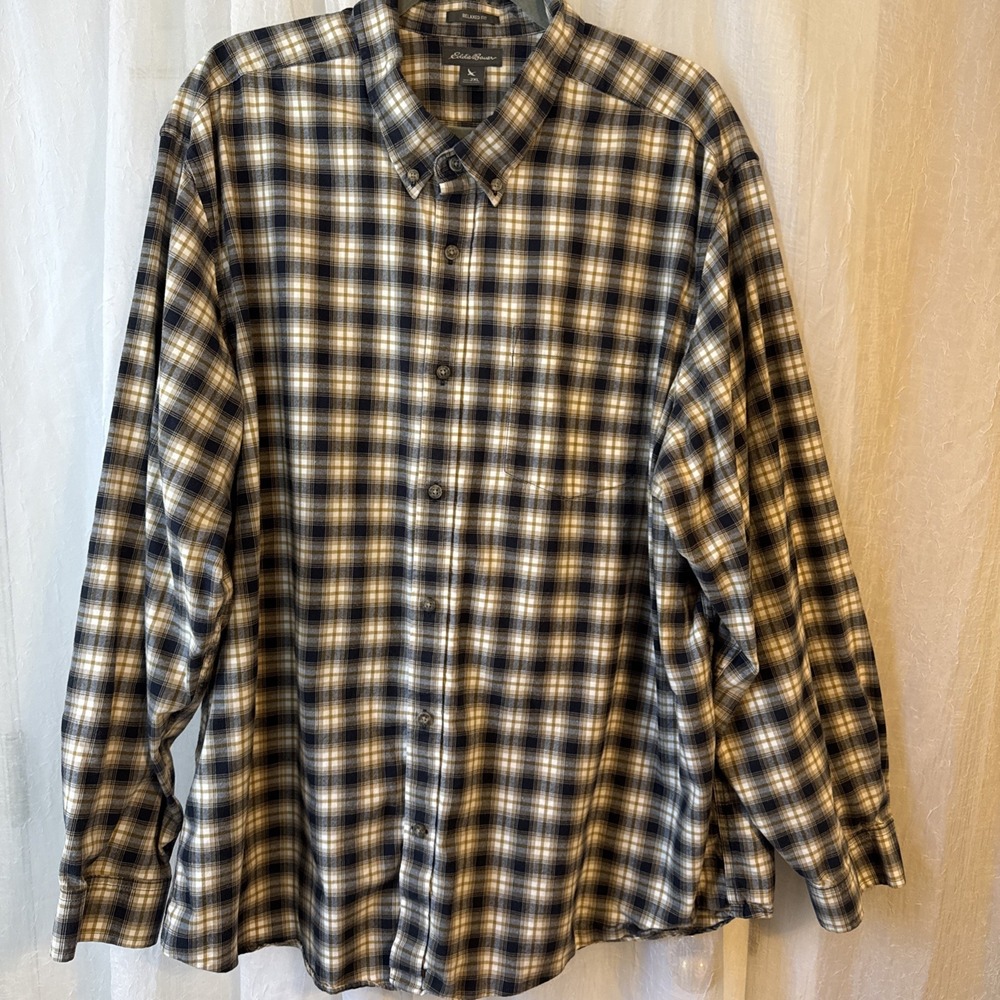 Eddie Bauer Shirt Mens 2XL Blue Tan Plaid Button Down Relaxed‎ Fit Cotton Casual